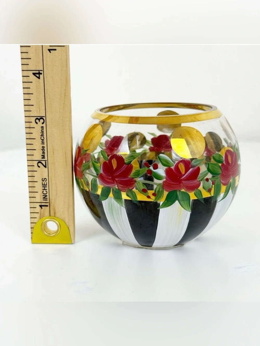 Three Hand-Painted Mackenzie ChildFloral Glass Bowl with Gold Accent